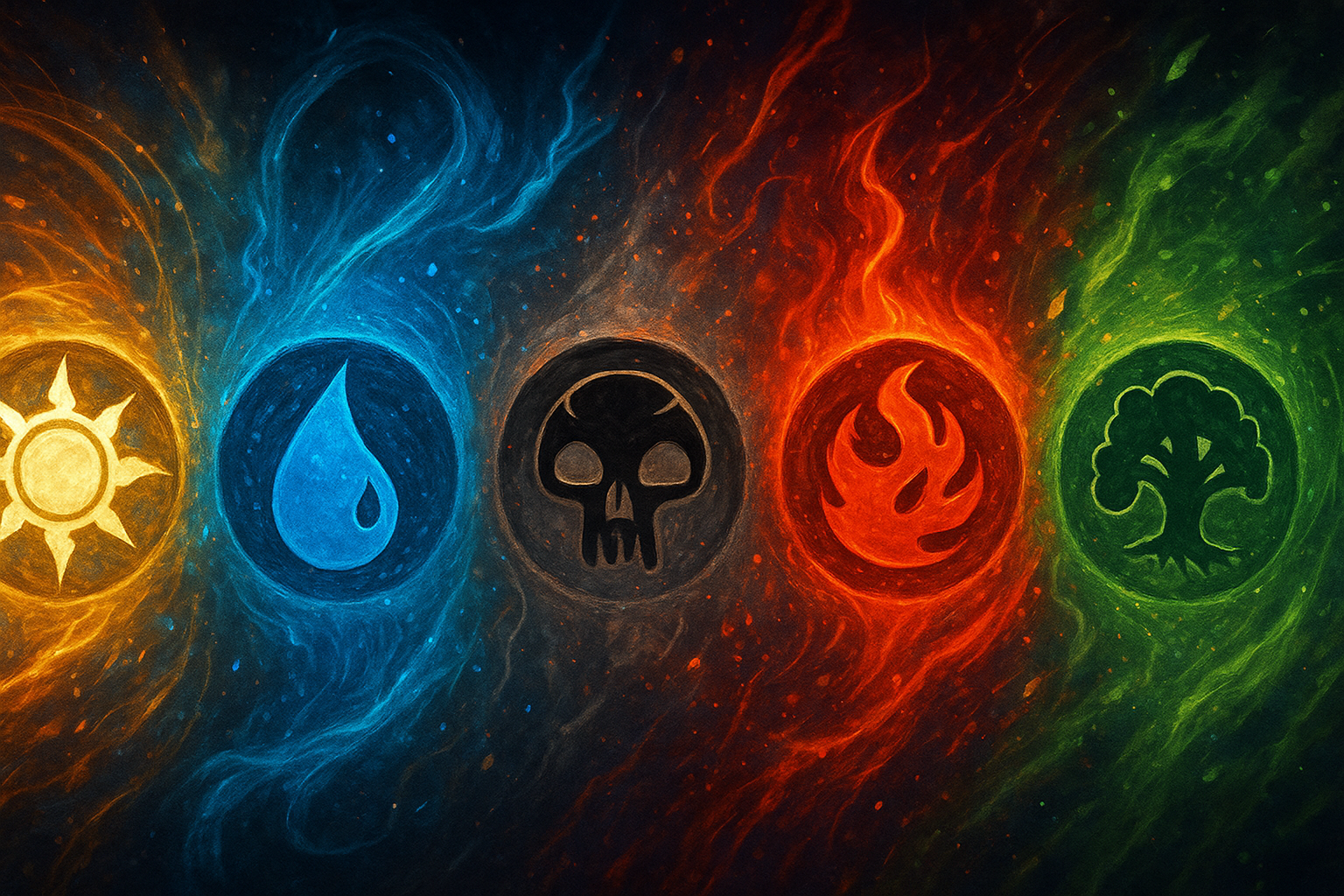 Magic: The Gathering color symbols lined up horizontally with a dynamic background. 